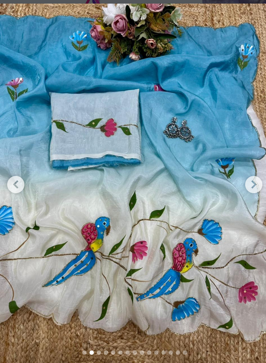 Parrot brush printed gold crush padding saree